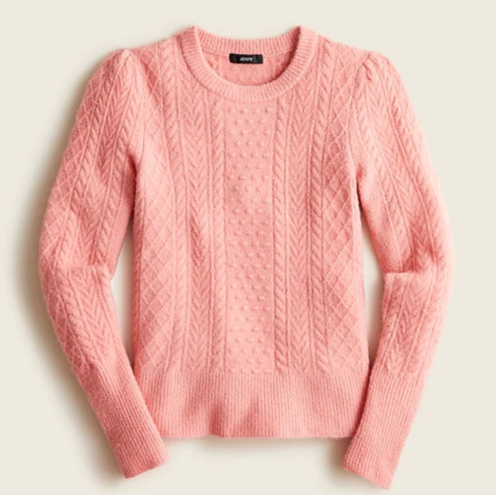 EUC JCrew stretch wool cable-knit crewneck sweater, XS, "pale blush" color